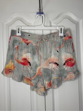 Soma Gray Pajama Shorts with Pink & Coral Flamingo Print soft stretchy pockets M
